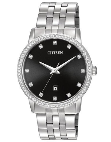 Citizen Quartz Mens Swarovski Crystal Dress- Stainless Steel - Black Dial - 50M - BI5030-51E