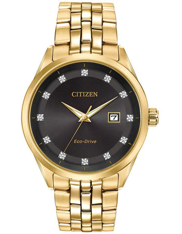 Citizen Eco-Drive Mens Corso - Gold-Tone - Diamonds - Back - Date - Bracelet - BM7252-51G