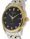 Citizen Mens Eco-Drive Diamond Watch - Two Tone - Black Dial - Bracelet - Date - BM7344-54EA