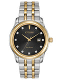 Citizen Mens Eco-Drive Diamond Watch - Two Tone - Black Dial - Bracelet - Date - BM7344-54E