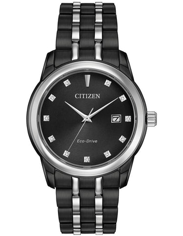 Citizen Eco-Drive Mens Diamond Watch - Black & Silver-Tone - Bracelet - 100m - BM7348-53E