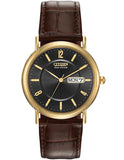 Citizen Mens Leather Strap Eco-Drive - Gold-Tone - Black Dial - Day/Date - BM8242-08E