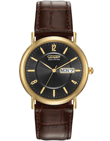 Citizen Mens Leather Strap Eco-Drive - Gold-Tone - Black Dial - Day/Date - BM8242-08E