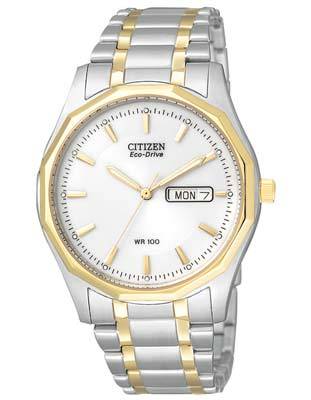 Citizen Mens Eco-Drive WR100 - Stainless & Gold Tone - White Dial - Day/Date - BM8434-58A