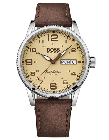 Hugo Boss Pilot Edition Mens Watch - Leather Strap - Beige Dial - Day/Date - 50m - BOSS-1513332_659bb633-f2e9-4f62-9ca6-e4e946dbc785