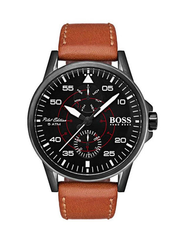 Hugo Boss Mens Aviator Watch - Black Metal - Light Brown Leather Strap - BOSS-1513517_4e696318-0e4f-437f-9750-1cb760600d11