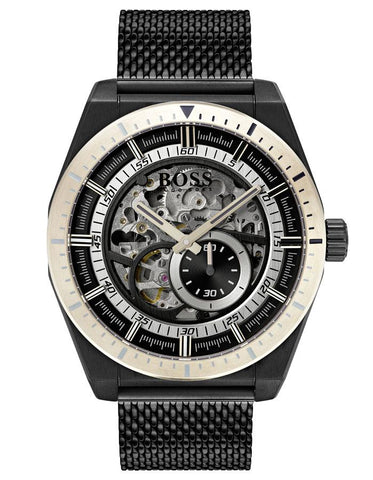 Hugo Boss Mens Signature Skeleton Dial Watch - Black Metal - Metal Mesh Bracelet - BOSS-1513655