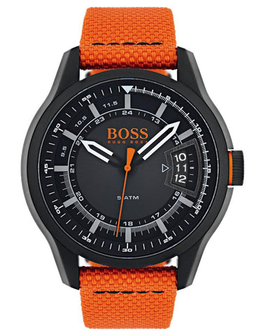 Hugo Boss Hong Kong Mens Watch - Black Dial - Orange Fabric Strap - Date - 50m - BOSS-1550001