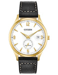 Citizen Mens DRIVE BTW Watch - Gold-Tone - Black Dial - Date - Leather Strap - BV1112-05A