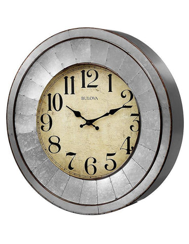 Bulova Industrial Wall Clock - Galvanized Silver Metal Finished Case - Aged Dial - C4839