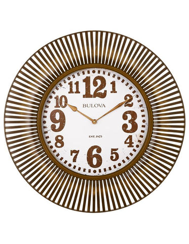 Bulova Sunburst Large Wall Clock - White Dial - Aged Metal Finish & Numerals - C4843