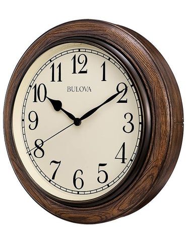 Bulova Oakbrook Wall Clock - Dark Country Oak Finish - Cream Dial - Quiet Sweep - C4845