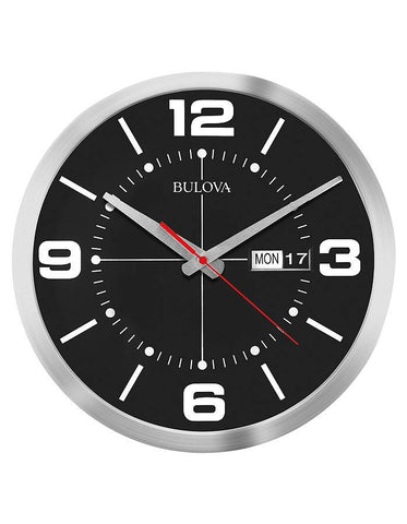 Bulova Calendar Wall Clock - Black Dial - Aluminum Case - Day / Date Display - C4848