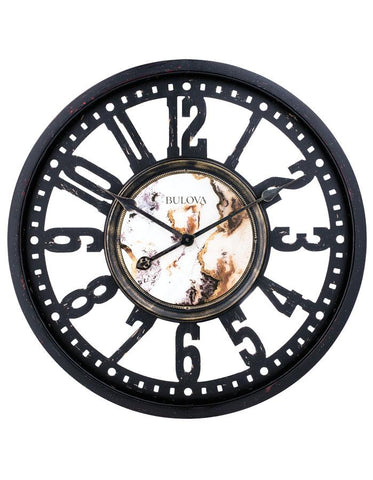 Bulova Station Master Wall Clock - Black Metal Case - Marble Center - C4871