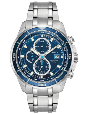 Citizen Eco-Drive Mens Titanium Chronograph - Bracelet - Blue Dial - Date - 100m - CA0349-51L