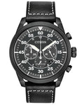 Citizen Men's Eco-Drive Avion Watch - Chronograph - Black Metal - Leather Strap - CA4215-21H