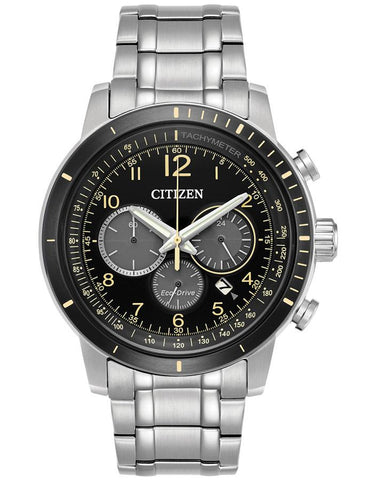 Citizen Eco-Drive Mens Chronograph - Black Dial - Bracelet - Date - 100m - CA4358-58E