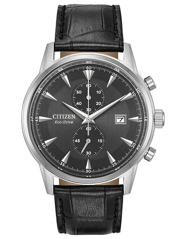 Citizen Eco-Drive Corso Mens Chronograph - Dark Gray Dial - Black Leather Strap - CA7000-04H