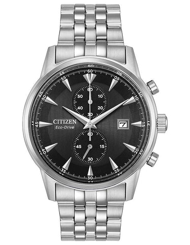 Citizen Eco-Drive Corso Mens Chronograph - Black Dial - Steel Bracelet - Date - CA7000-55E