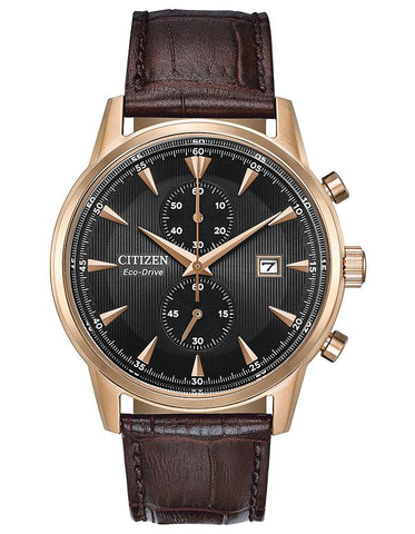 Citizen Eco-Drive Corso Mens Chronograph - Rose-Tone - Black Dial - Brown Strap - CA7003-06E