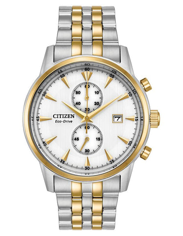 Citizen Eco-Drive Corso Mens Chronograph - White Dial - Two-Tone - Bracelet - CA7004-54A