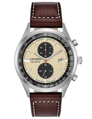 Citizen Eco-Drive Chandler - Chronograph - Stainless Steel - Beige Dial -Leather - CA7020-07A