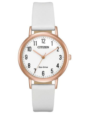 Citizen Womens Eco-Drive Chandler - White Dial - Leather Strap - Rose Gold-Tone - EM0573-02A