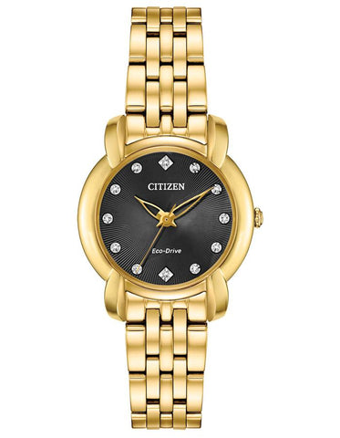 Citizen Ladies Eco-Drive Jolie Watch - Gold-Tone - Diamonds - Black Dial - EM0712-59E