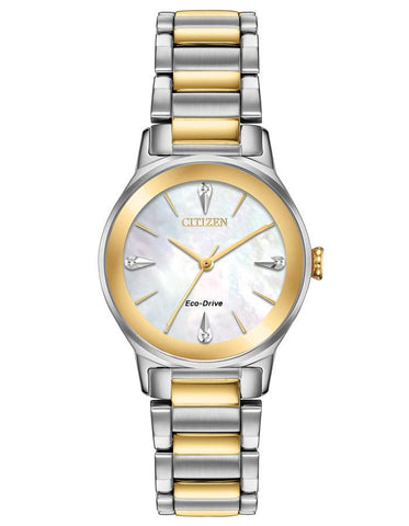 Citizen Eco-Drive Axiom Women's - Two-Tone -  Diamonds - MOP Dial - Bracelet - EM0734-56D