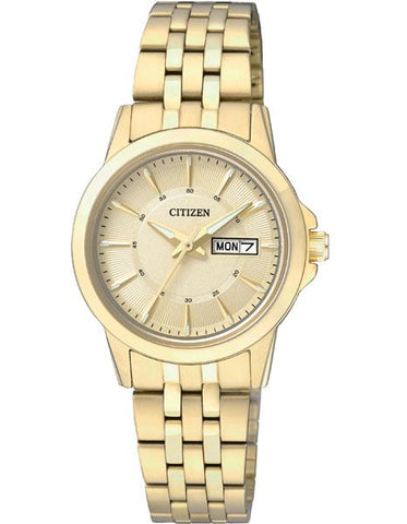 Citizen Quartz Ladies Watch - All Gold-Tone Look - Sun-Ray Dial Motif - EQ0603-59P