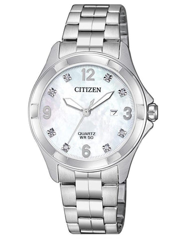 Citizen Quartz Ladies Watch - Stainless Steel - MOP - Crystals - Date - Bracelet - EU6080-58D