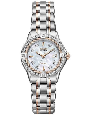 Citizen Ladies Signature Quatro Diamond Dress Watch - Steel & Rose Tone - Date - EW2066-58D