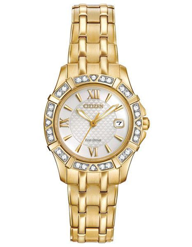 Citizen Ladies Eco-Drive Diamond Watch - White Dial - Gold Tone - Date - EW2362-55A