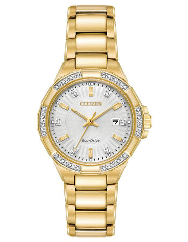 Citizen Womens Eco-Drive Riva Watch - Diamonds - Gold-Tone - Bracelet - Date - EW2462-51A