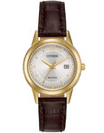 Citizen Ladies Eco-Drive Date Watch - Gold Tone - Brown Leather Strap - FE1082-05A