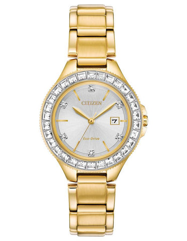 Citizen Ladies Eco-Drive Silhouette Watch - Swarovski Crystals - Gold-Tone -Date - FE1192-58A