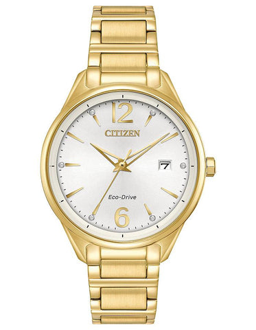 Citizen Eco-Drive Chandler Crystal Watch - Gold-Tone - Silver/White Dial - Date - FE6102-53A