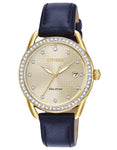 Citizen DRIVE LTR Womens Watch - Crystals - Gold-Tone - Blue Strap - Date - FE6112-09P