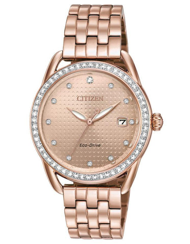 Citizen DRIVE LTR Womens Watch - Crystals - Rose Gold-Tone - Bracelet - Date - FE6113-57X