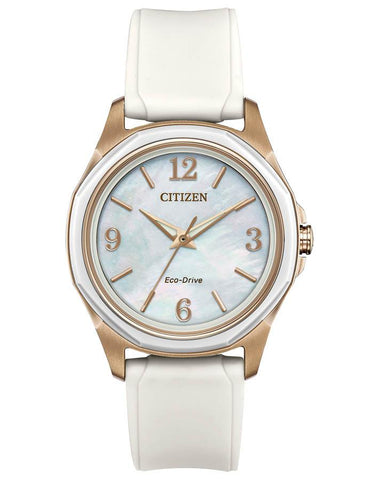 Citizen DRIVE AR Womens Watch - Gold-Tone - Mother of Pearl Dial -White Silicone - FE7056-02D