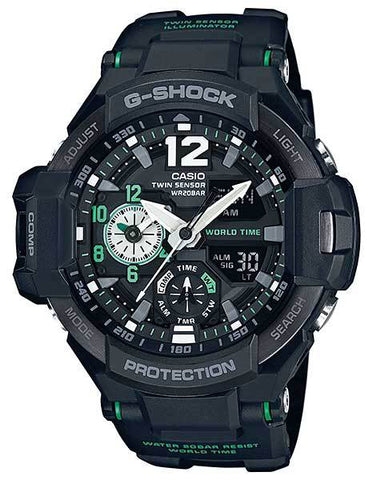 Casio G-Shock GRAVITYMASTER Aviator Watch - Black and Green - Anti-Magnetic - GA1100-1A3