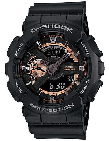 Casio Mens XL Analog-Digital G-Shock - Black with Rose Gold-Tone - Resin Strap - GA110RG-1A