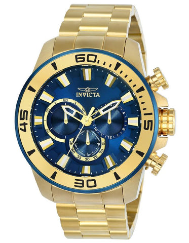 Invicta Mens Pro Diver Chronograph - Gold-Tone - Blue Dial - Bracelet - 100m - INVICTA-22587