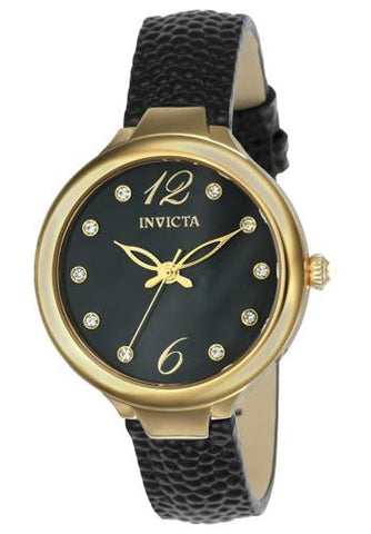 INVICTA Wildflower Womens Watch - Gold-Tone - Black Leather Strap - Crystals - INVICTA-24561