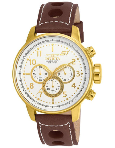 INVICTA S1 Rally Mens Chronograph - Gold-Tone - White Dial - Brown Leather Strap - Invicta-16011