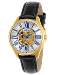 INVICTA Vintage Womens Skeleton Automatic - Gold-Tone - Black Leather Strap - Invicta-23659