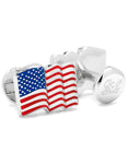 Waving American Flag Cufflinks - Sterling Silver -  Logo Swivel Closure - OBS-USAFLAGA