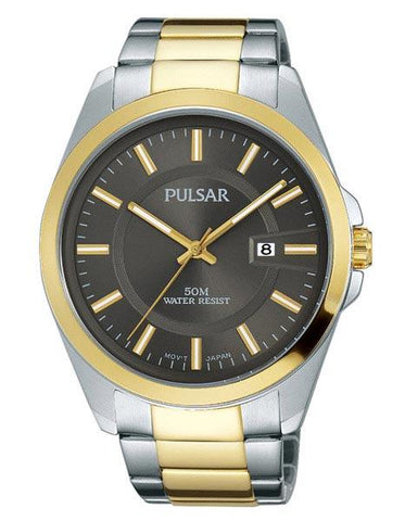 Pulsar Mens Business Dress Watch - Gray Dial - Two-Tone - Date - 50m - PH9086