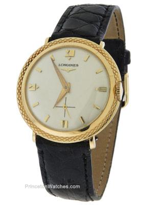 Preowned Longines Mens 14K Gold Watch - White Dial - Black Strap - Circa 1950s - PVU416-429_dc761b3f-ffb3-47dd-b7ee-4f3f8a101af8