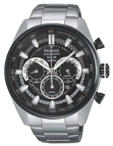 Pulsar Mens On the Go Solar Chronograph - Black Dial with Silver Accents - 100M - PX5033